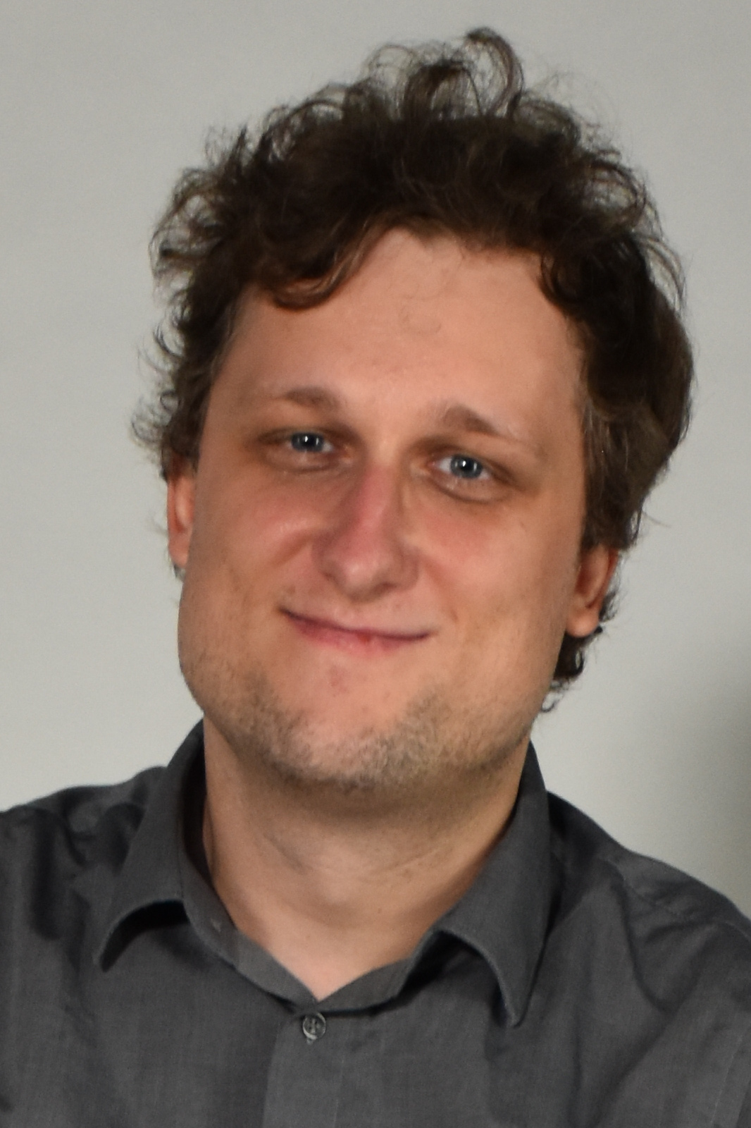 Portrait of a man with tousled brown hair and blue eyes, wearing a gray button-down shirt, smiling softly against a neutral background.